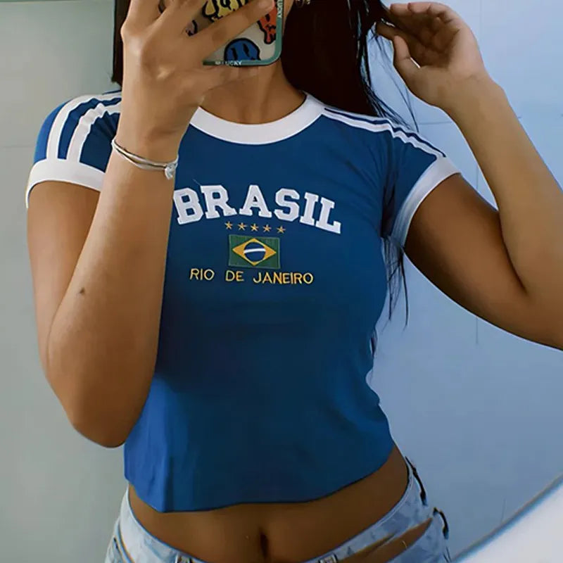 Eliza - Blaues Brasil Crop-Shirt