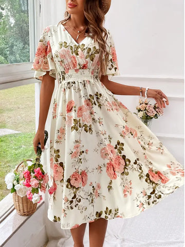 Mercy - Sommer Kleid V-Ausschnitt Blumenmuster