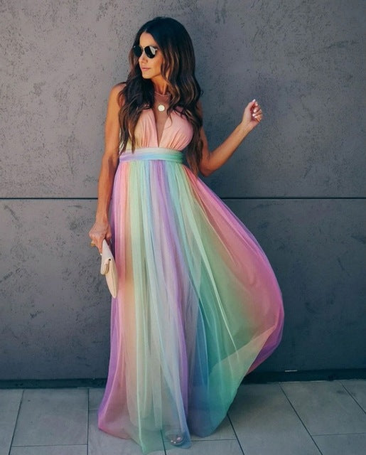 Renata - Sommerliches Spaghettiträger-Kleid im Regenbogen-Look