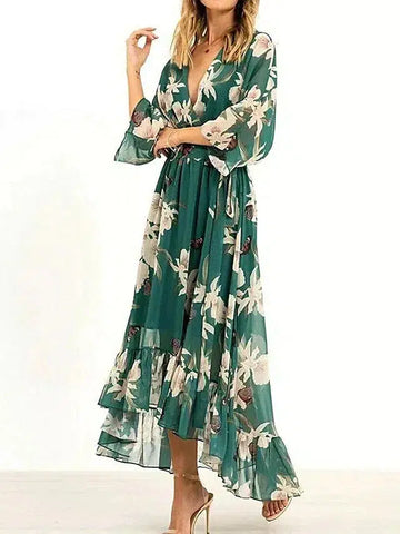 Riri - Grünes V-Ausschnitt Maxikleid, Dreiviertelarm